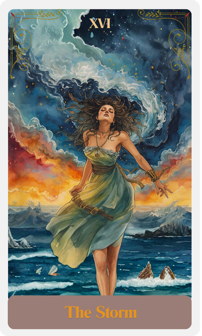 A woman standing in stormy ocean waters with swirling storm clouds and lightning in the sky, wearing a flowing dress and jewelry, with a intense expression. The card is titled "The Storm" at the bottom and labeled XVI at the top.