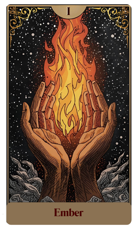 Two hands with open palms holding a tall, bright flame against a starry background, with decorative flourishes at the top corners and the word "Ember" at the bottom.