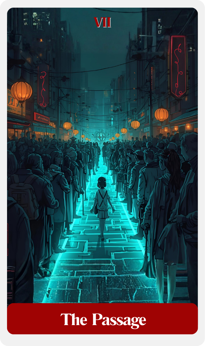 A futuristic city street illuminated with neon blue lights, with a girl walking through a crowd of people. The street is decorated with hanging lanterns and neon signs, with tall buildings in the background. The card has a red banner at the bottom with the text "The Passage" and a Roman numeral VII at the top.