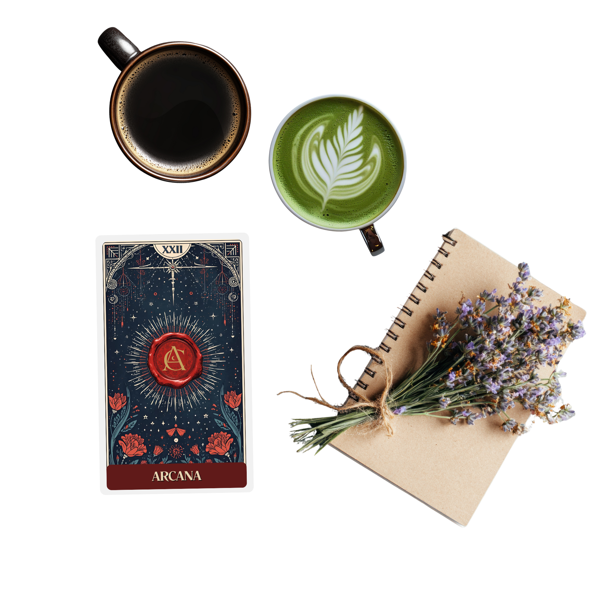 A cup of black coffee, a cup of matcha latte with latte art, a tarot card labeled 'Arcana,' a small notebook, and a bunch of lavender flowers on a black background.