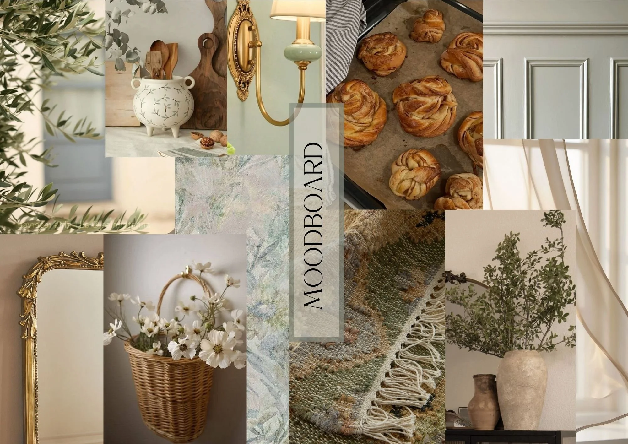 A collage of interior decor and kitchen items including a white vase with olive branches, cutting boards, a lamp, baked goods, ornate mirror, wicker basket with flowers, a decorative rug, vases with greenery, and a decorative wall with paneling.
