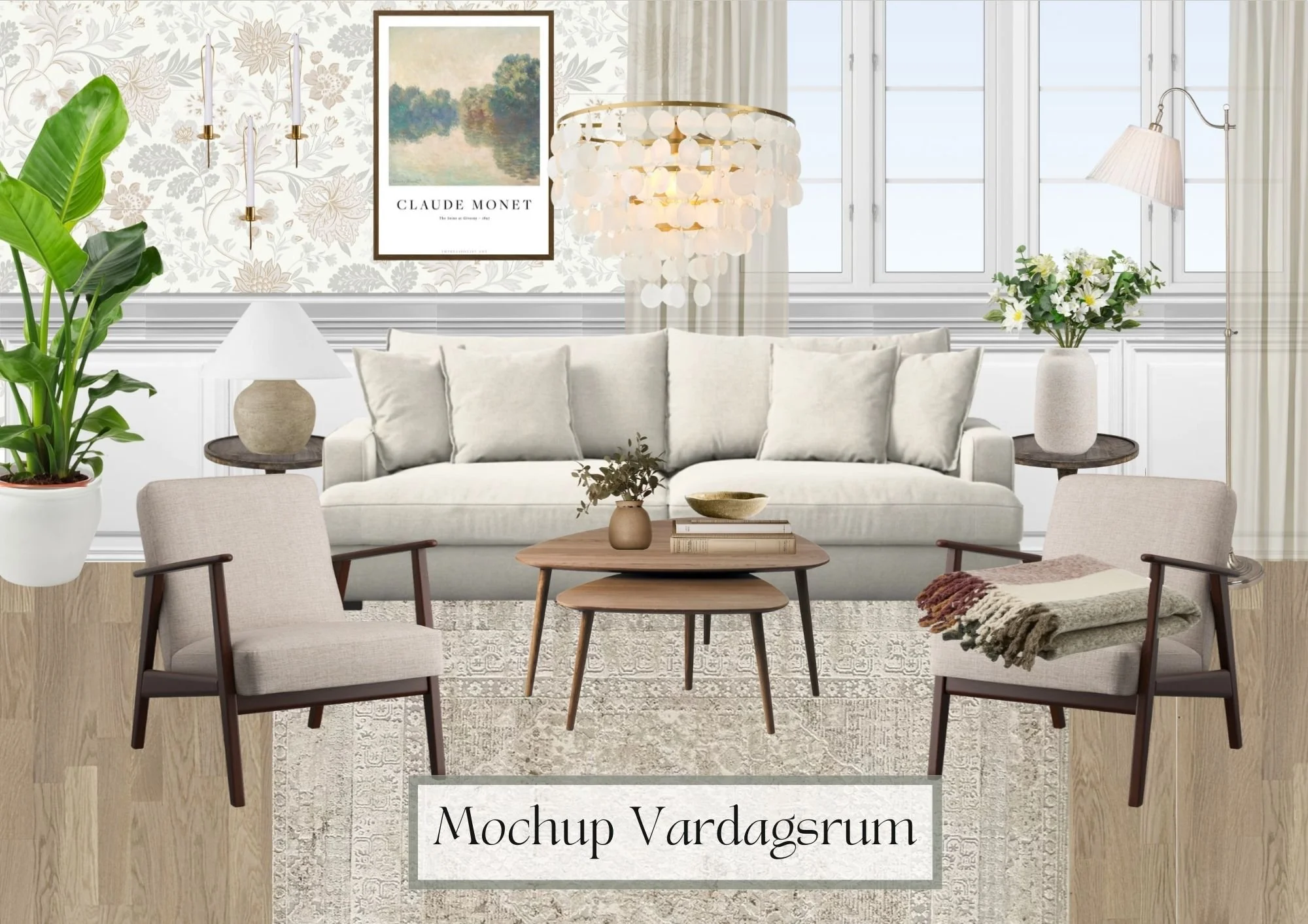 Living room with white sofa, two beige chairs, wooden coffee tables, potted plants, floral wallpaper, and a chandelier. Window with curtains and decorative artwork on the wall.