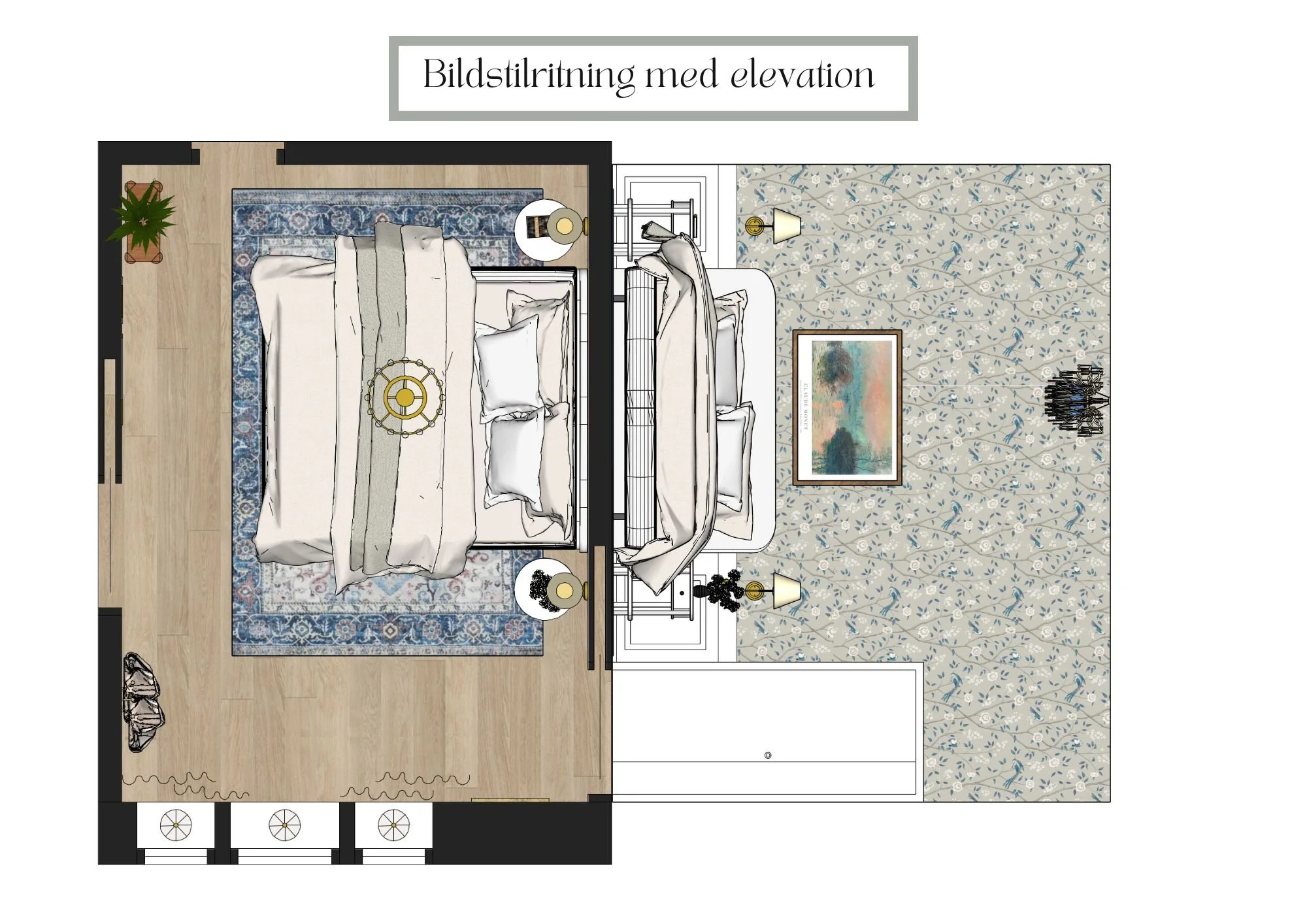 Top-down view of a bedroom with a bed on a large patterned rug, nightstands with lamps, and a floral-patterned area rug extending from the bed to a white wardrobe.