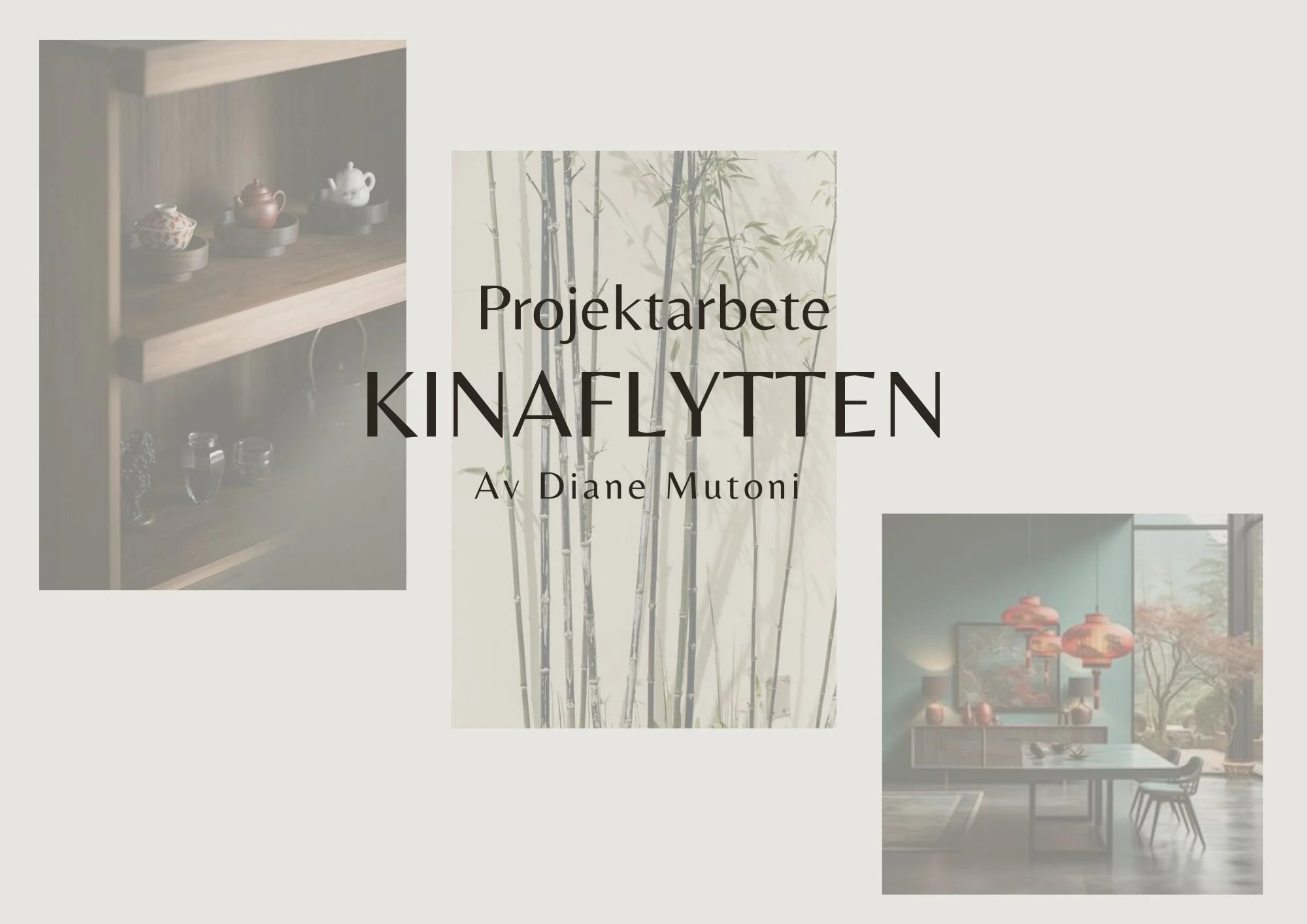 Cover page of a project presentation for interior design titled 'Kinaflytten' by Diane Mutoni, featuring images of Asian-inspired decor and interiors with bamboo plants and traditional lamps.