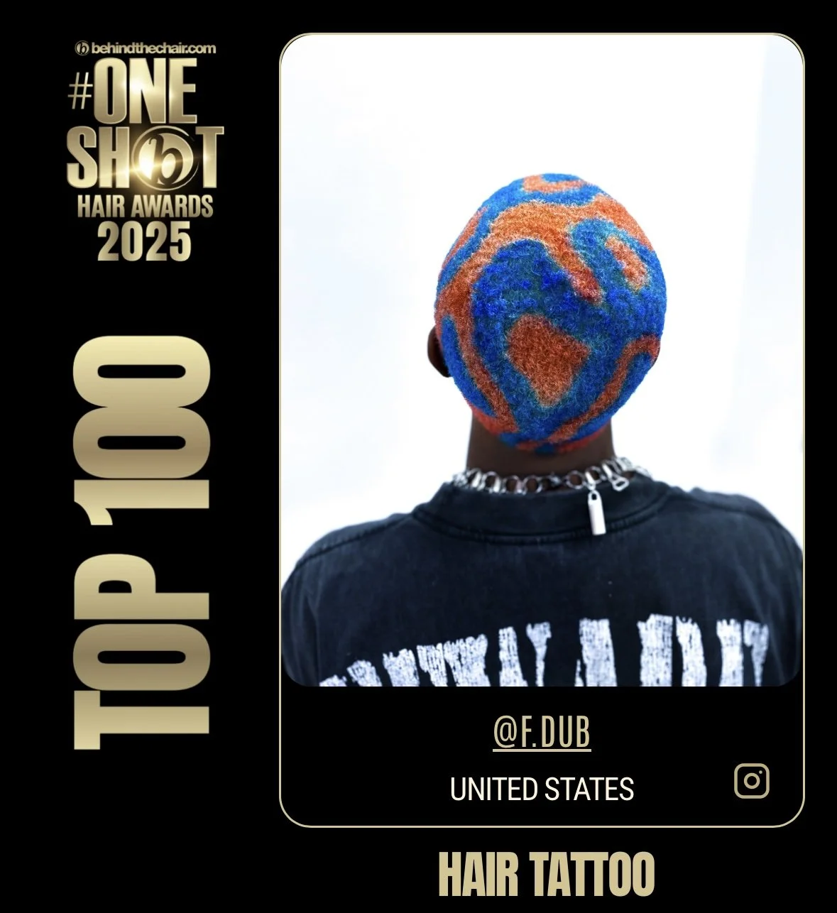 Back view of a person with short, vibrant, multicolored hair in orange, blue, and green, wearing a black T-shirt with white text, a chain necklace, and standing against a light background.