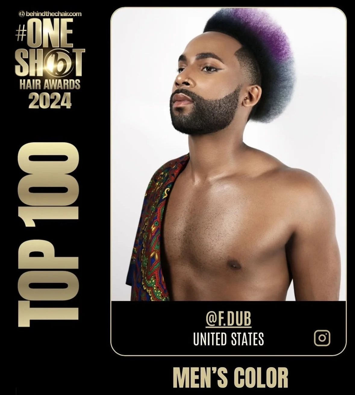 Award poster for the 2024 behind the chair #OneShot Hair Awards featuring a shirtless man with a styled beard and a colorful hairstyle.