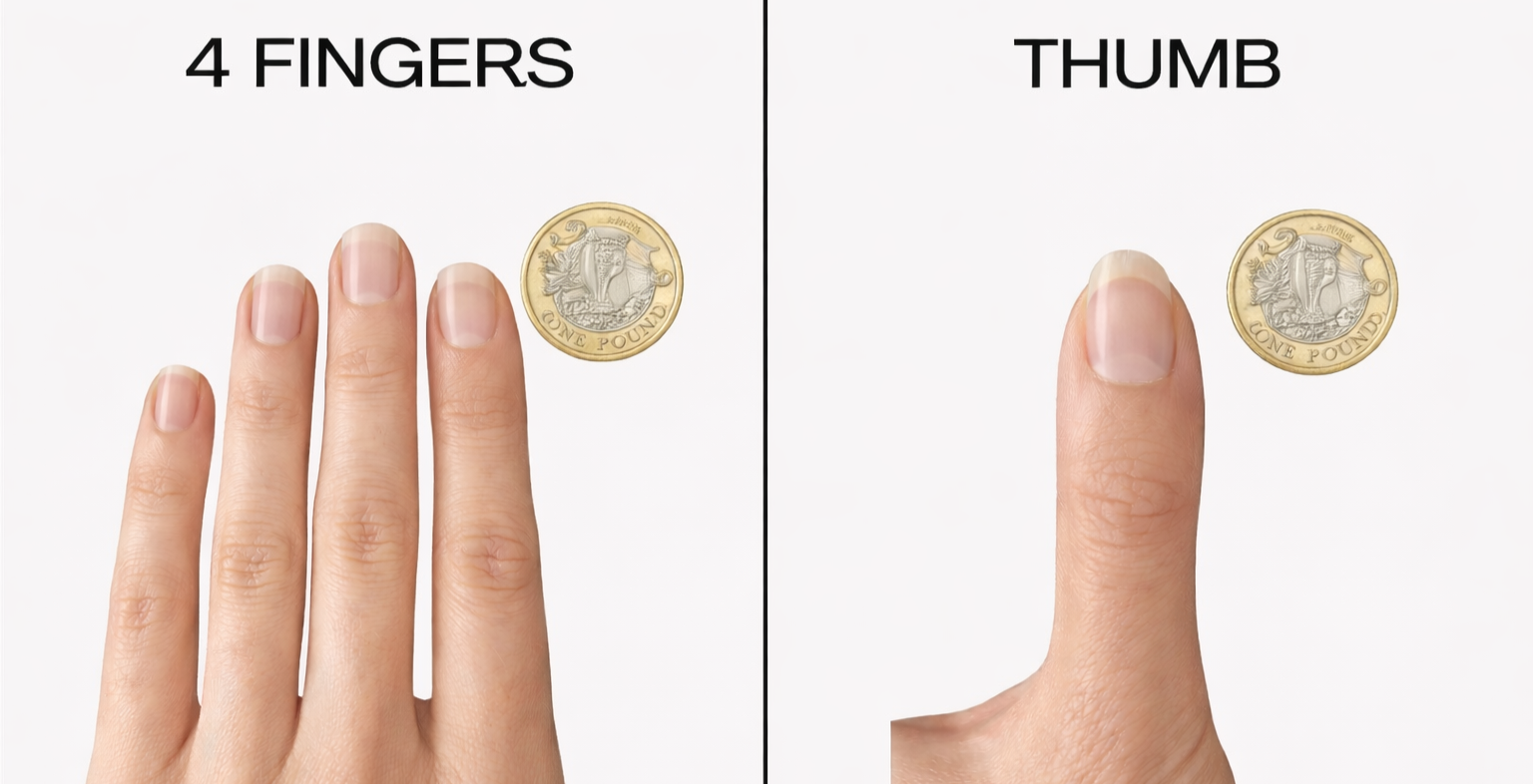 Comparison of a four-finger hand position and a thumb position, with a British one-pound coin shown near each hand.