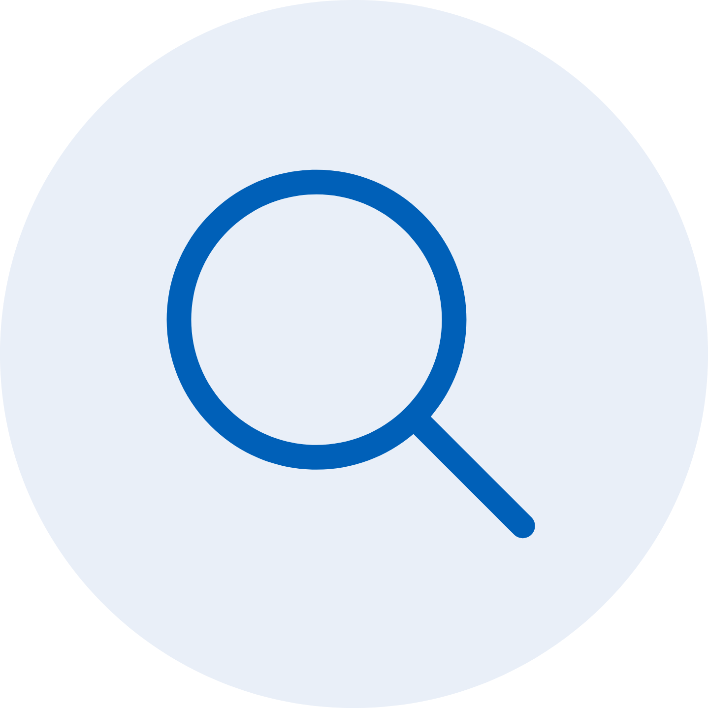 Magnifying glass icon on a light blue circular background.
