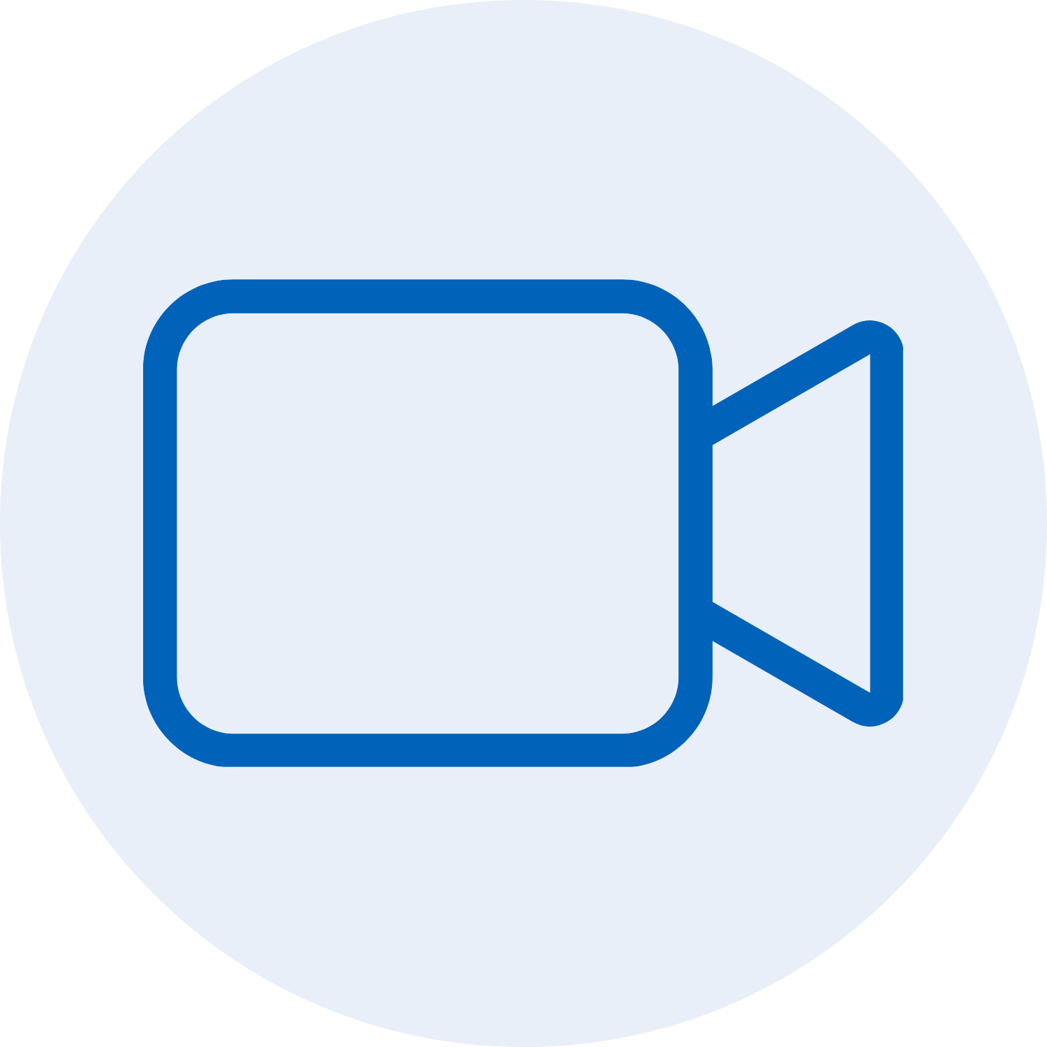 Icon of a video camera in blue outline on a light gray background.