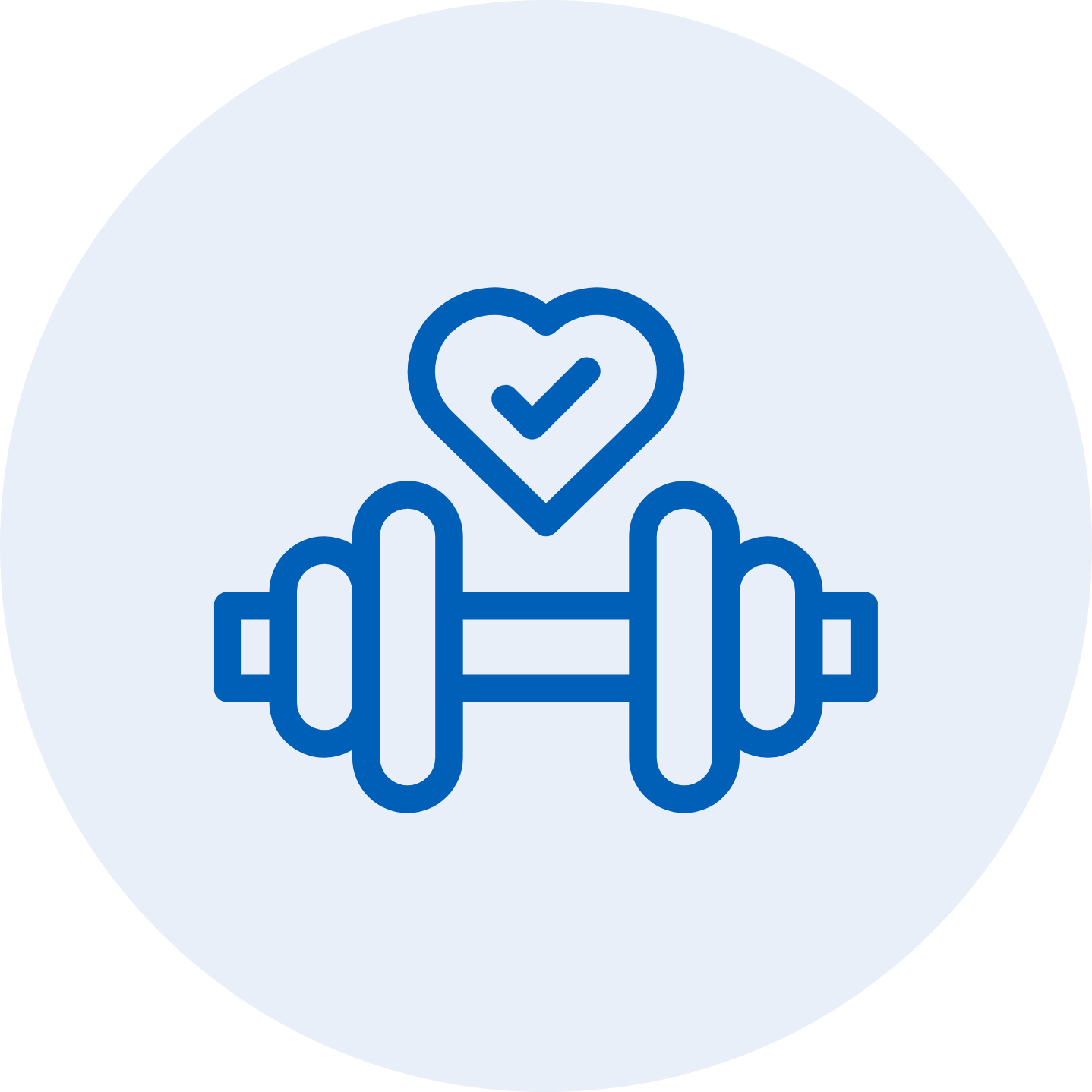 A blue outline icon of a barbell with a heart above it containing a check mark, representing fitness and health.