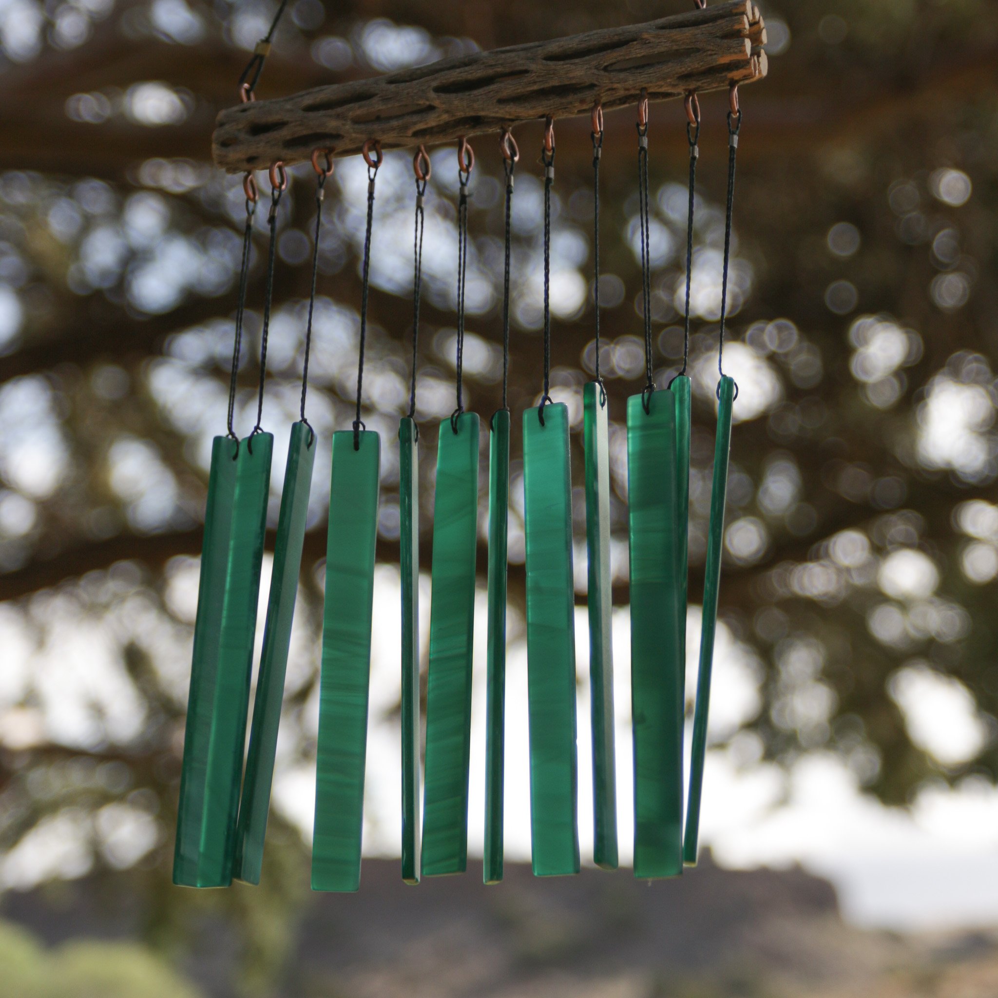 Close of image of winchime crafted with cholla cactus and tumbled turquoise glass