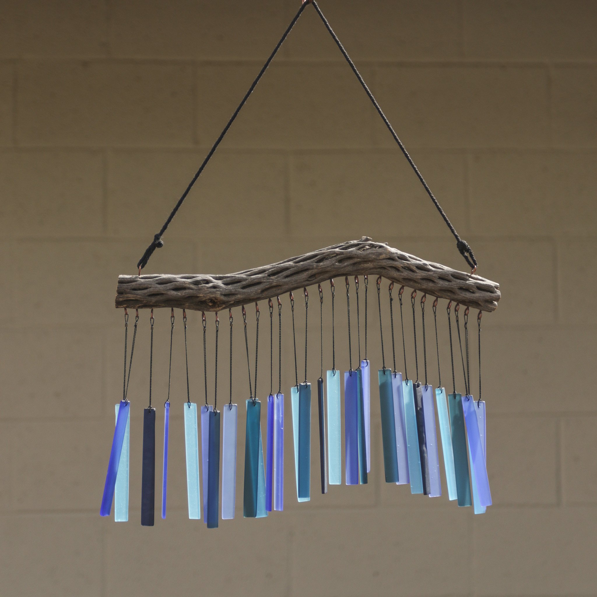Windchime made of cholla cactus and blue tumbled stained glass
