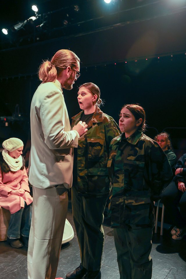 Ella Kahan as Guard #2 in “The Burial at Thebes: A version of Sophocles' Antigone” by Seamus Heaney, directed by Rosemary Hay at the University of the Arts.