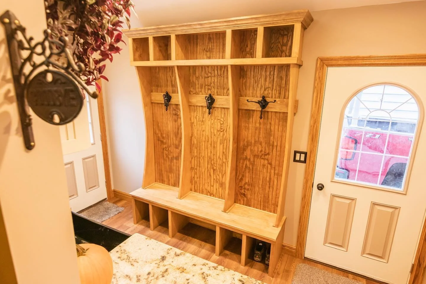 Mud room hall tree unit in buffalo new york. Coat storage. Shoe Storage. Hat and Glove storage.