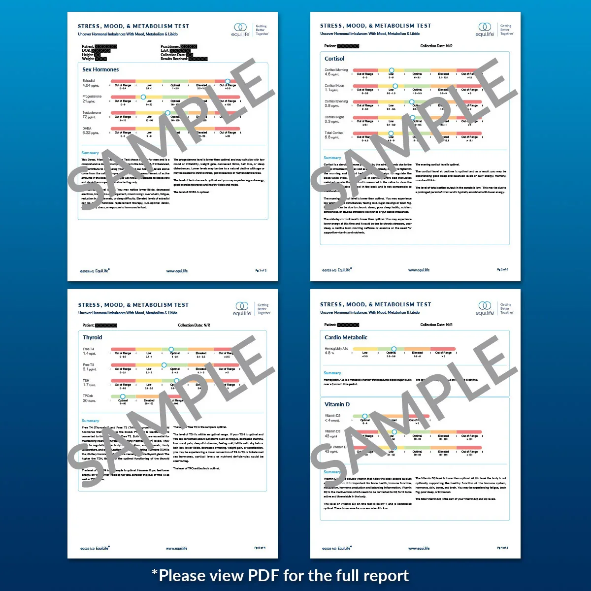 Four PDF reports for stress, mood, and metabolism tests, including hormone and blood level charts with summary descriptions on a blue background.