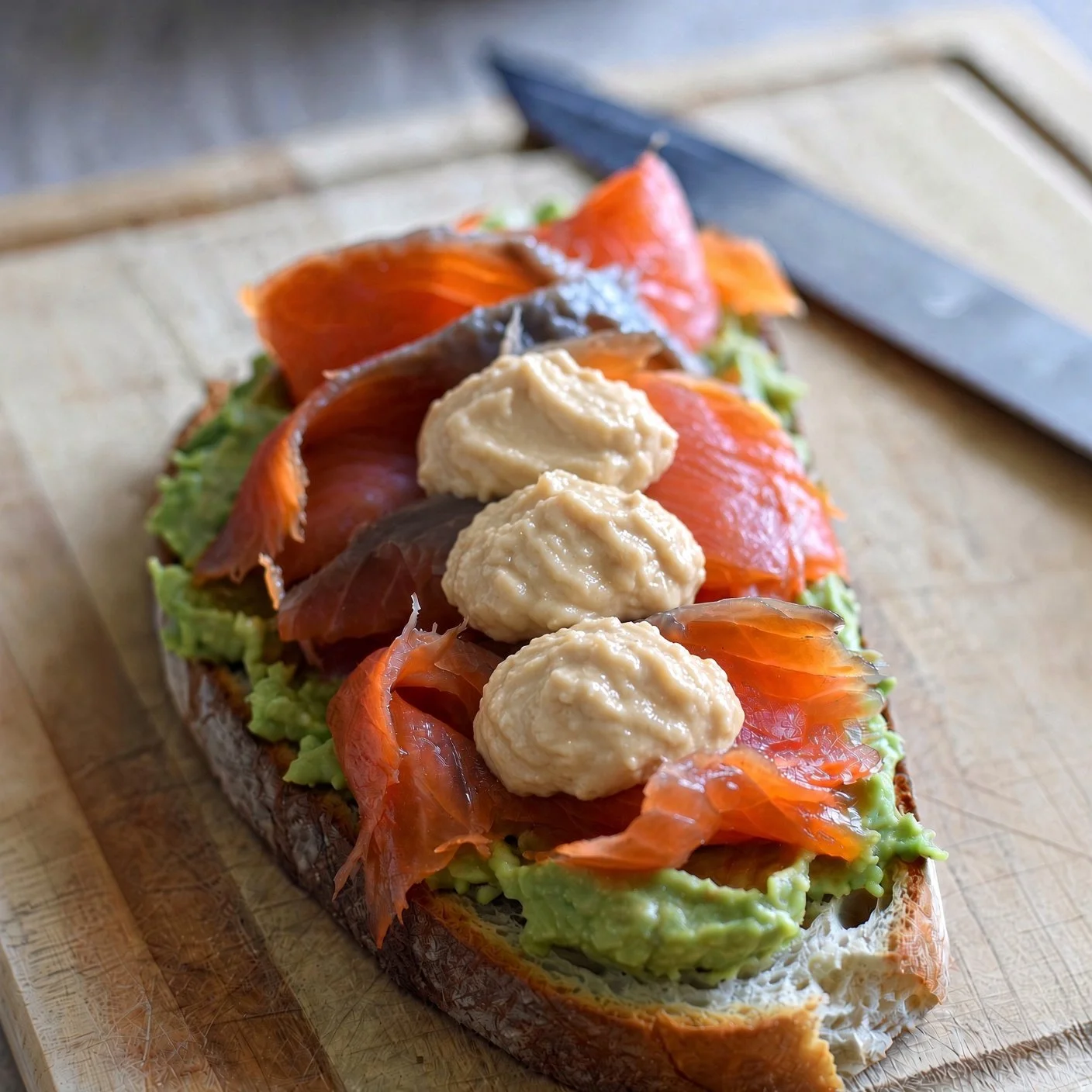 Avocado, Salmon, Hummus Toast