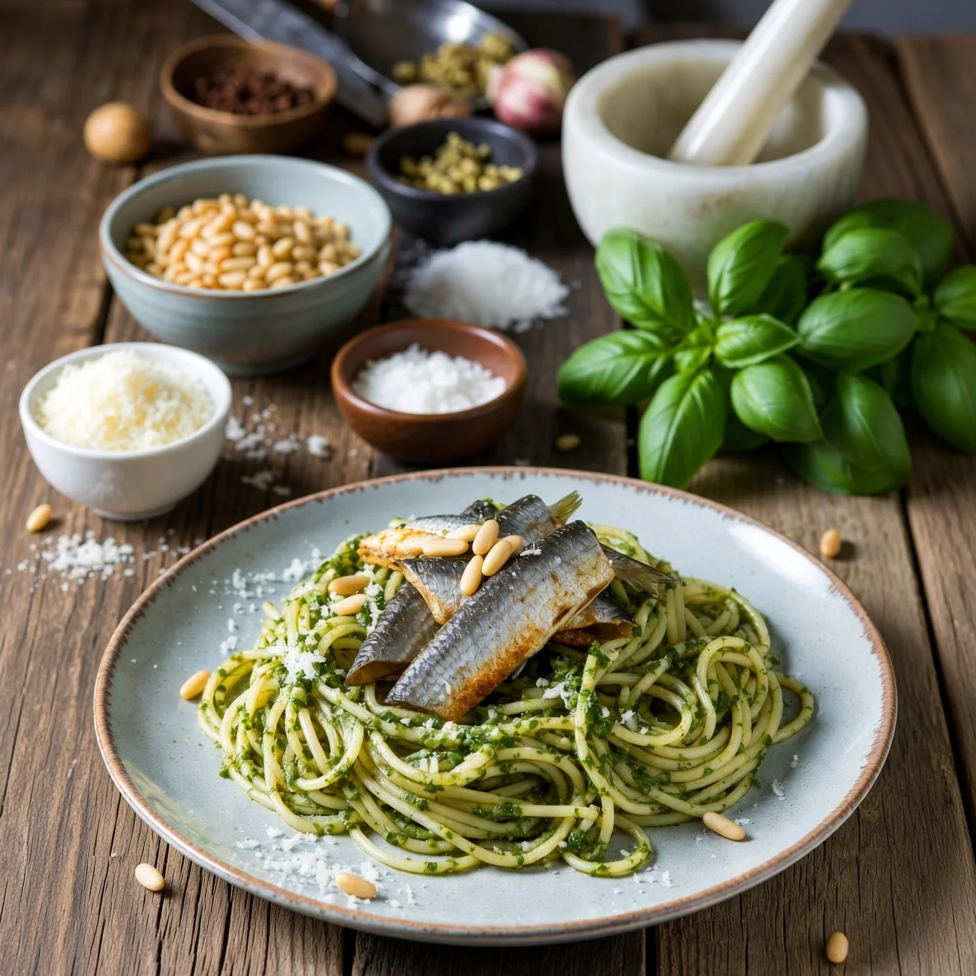Sardines & Pesto pasta recipe balances macros of protein, carbohydrates and healthy fat.