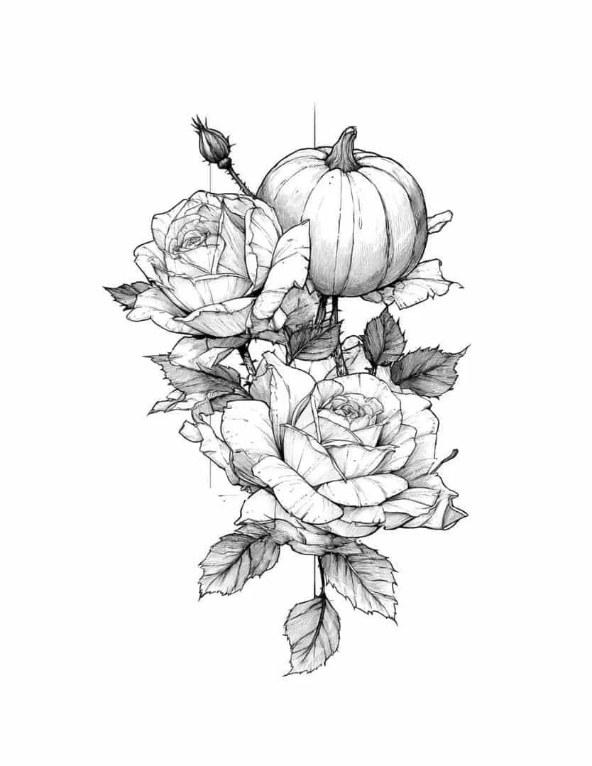 A detailed black and white drawing featuring two roses, a pumpkin, and a rosebud arranged vertically.