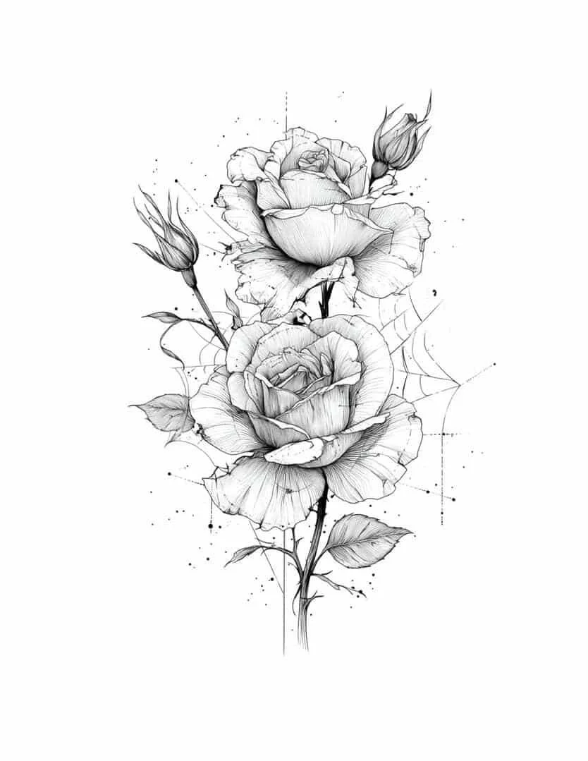 Black and white sketch of a rose flower with leaves and background doodles.