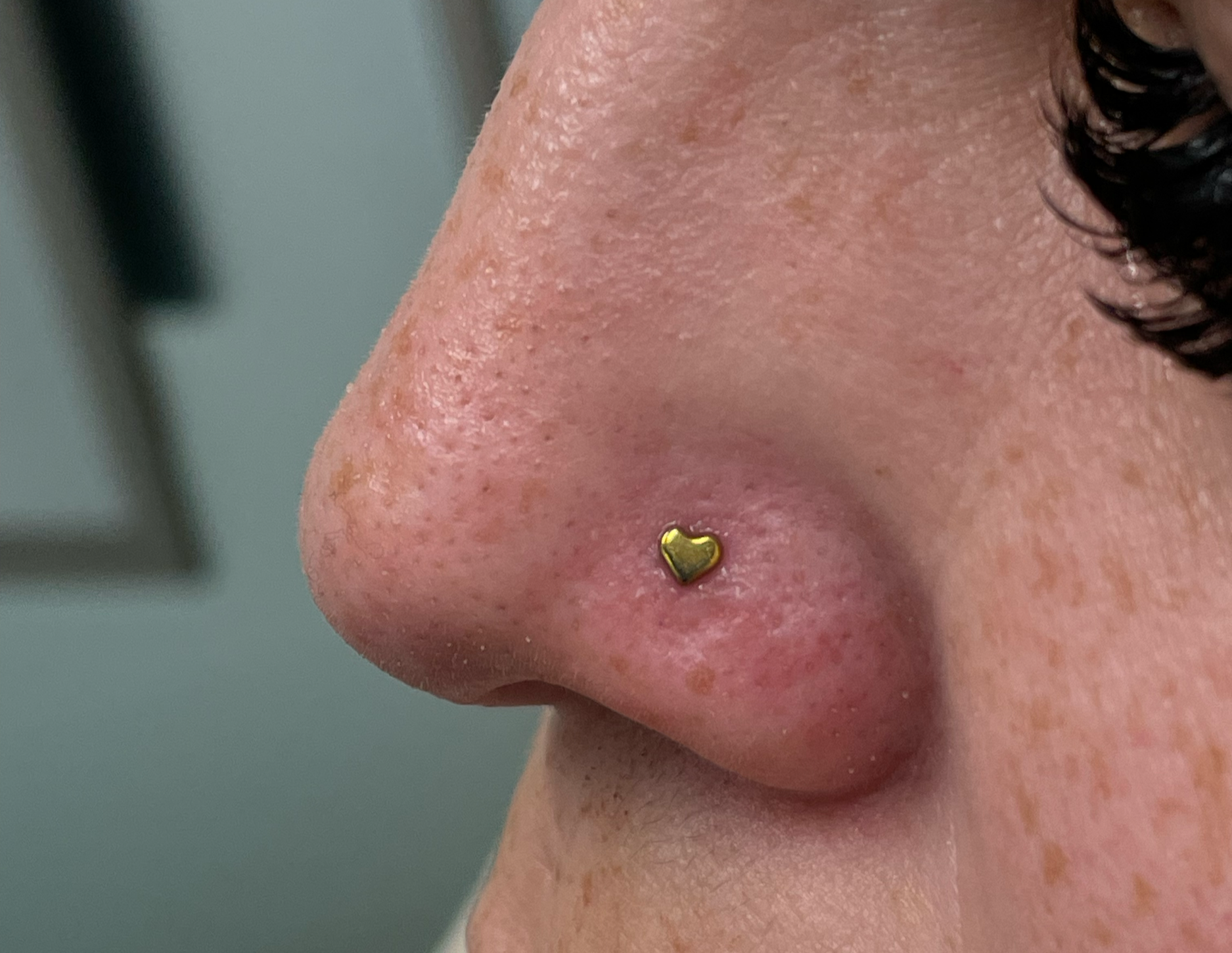 Close-up of a person's nose with a small, gold heart-shaped nose stud.