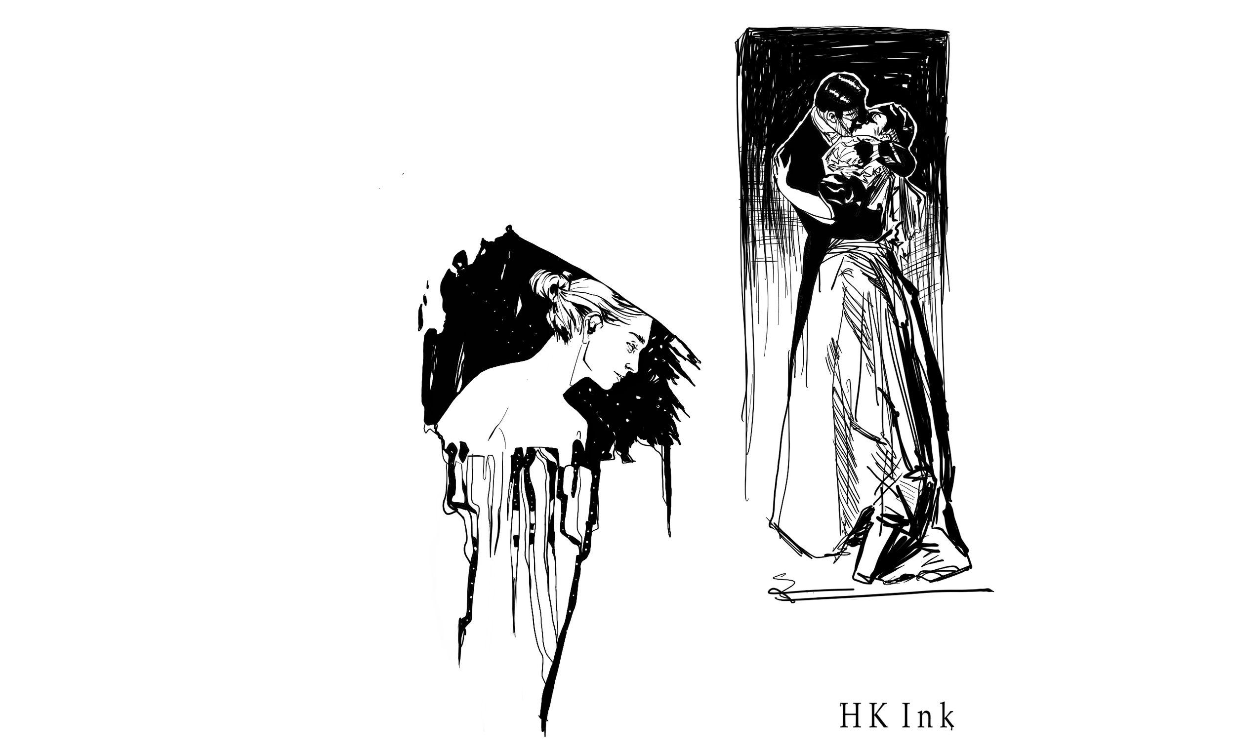 Two ink sketches of women: one with her head bowed and flowing ink dripping down, the other standing in front of a mirror holding a baby, both rendered in black ink on a white background.