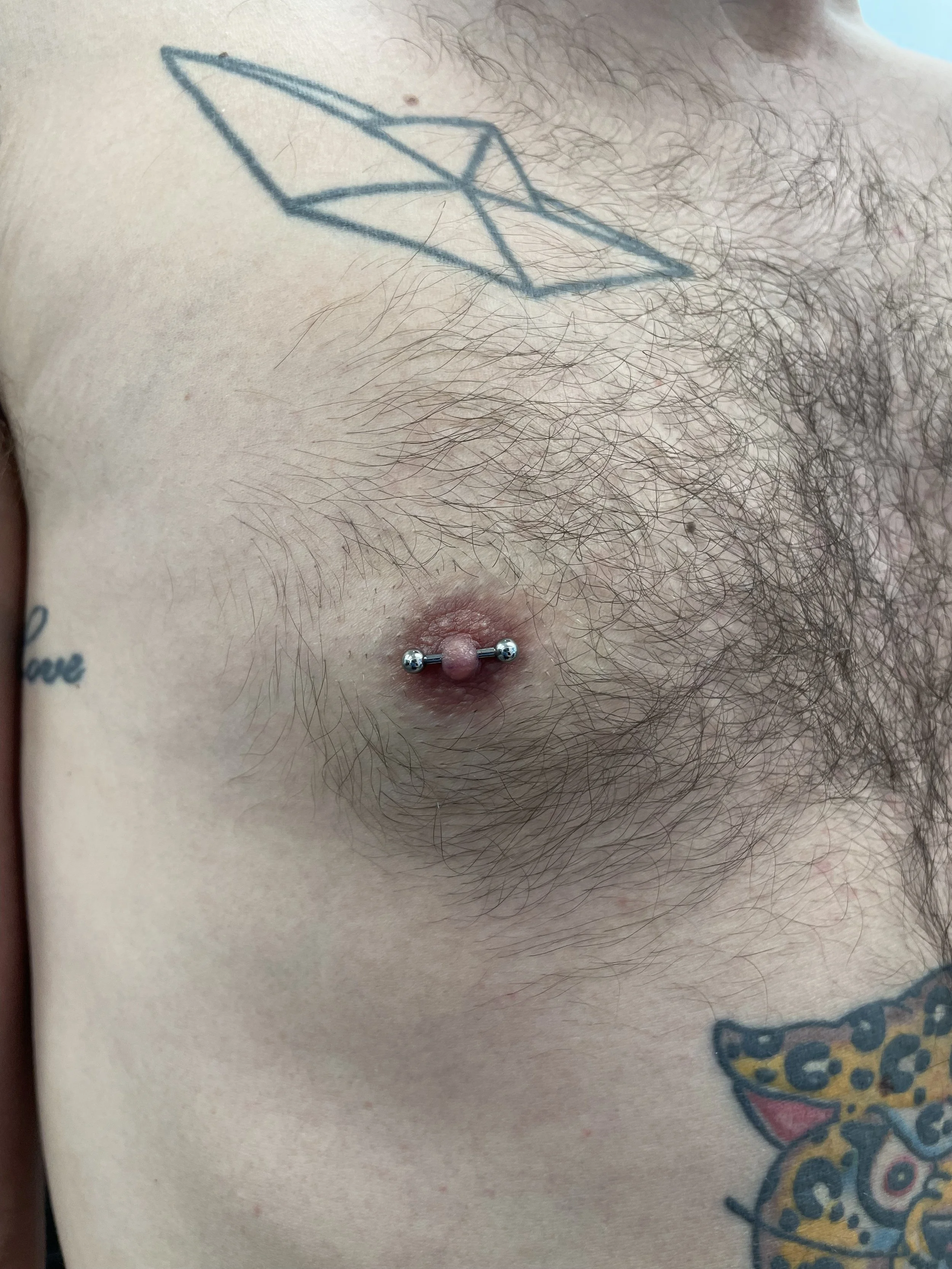 Close-up of a man's chest with a nipple piercing that has a barbell with two shiny metal balls on each end. The man has chest hair, several tattoos, including a geometric paper airplane and a leopard-themed leopard tattoo.