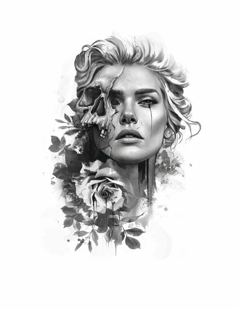 Black and white artistic illustration of a woman's face with half skull, roses, and abstract elements.