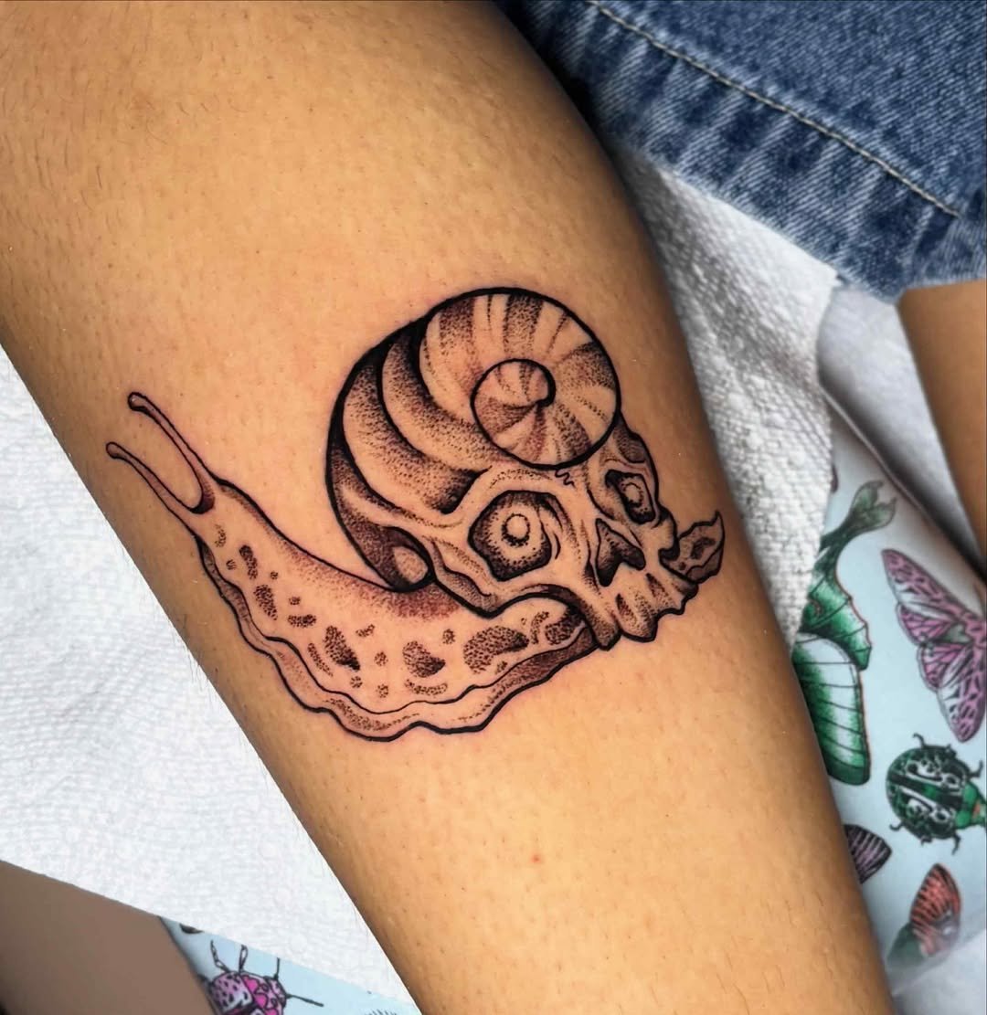Black ink tattoo of a snail shell and a skull on a person's upper arm.
