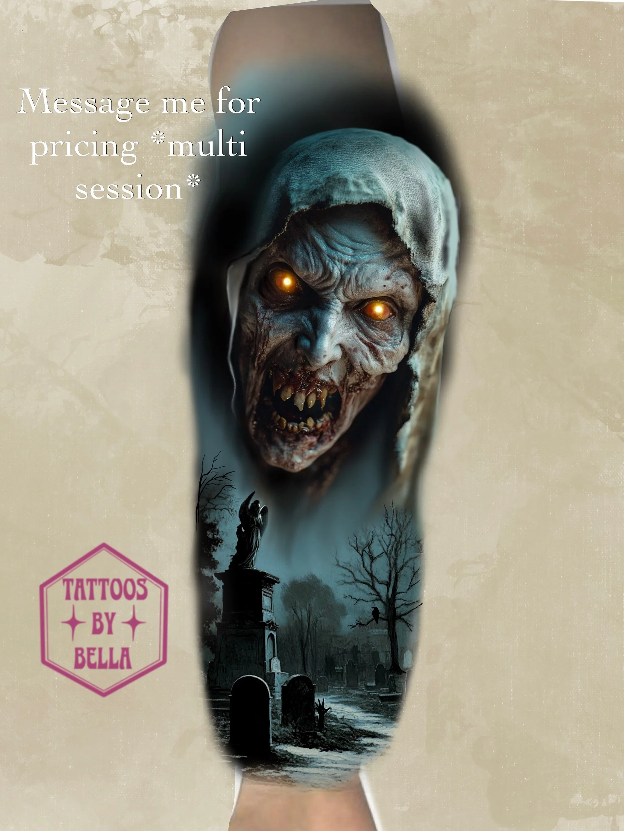 scary demon face lady tattoo by Tattoos by Bella Saskatoon 