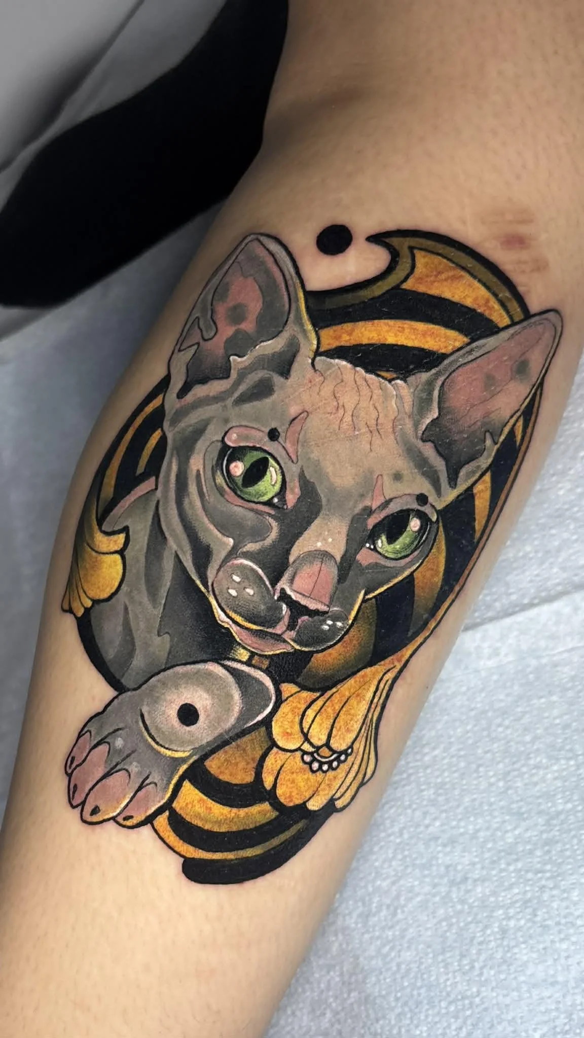 Tattoo of a cat with green eyes, resting on an orange and black striped pillow, with a black dot and curved line above. The cat appears to be a Sphynx with pink skin and large ears.