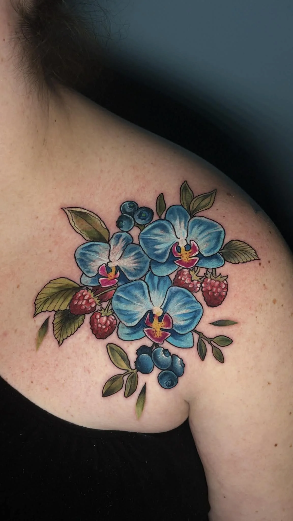 Blue orchids with raspberries and blueberries saskatoon tattoo Tantrix Body Art Bella 