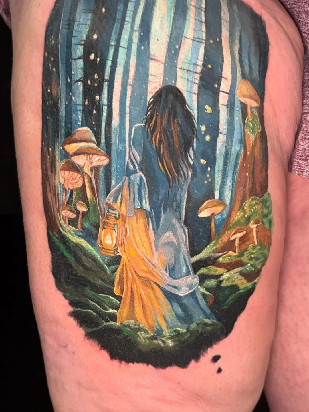 A woman with long hair wearing a dress holding a lantern, walking through a magical forest with mushrooms and tall trees, illuminated by fireflies.