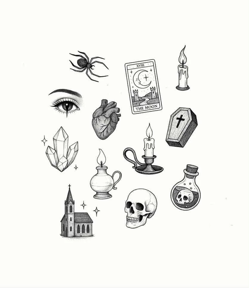 Collection of black and white illustrations including a spider, eye, hand, tarot card titled "The Moon," lit candle, coffin, crystal, pitcher, candlestick, potion bottle with skull, church, and a human skull.
