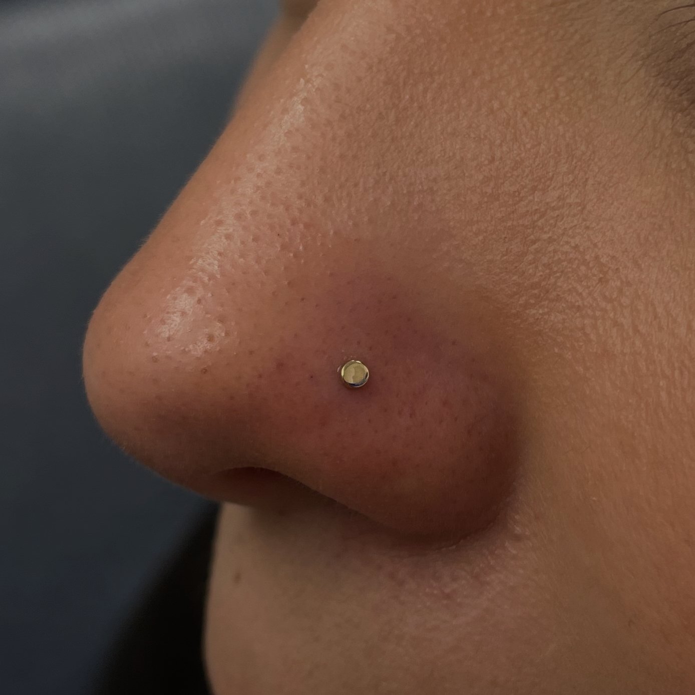 Close-up of a person's nose with a small, gold nose stud.