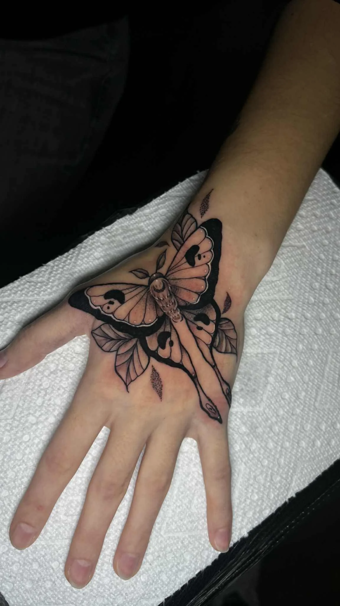 Tattoo of a butterfly on a person's hand, with detailed lines and leaves around it.