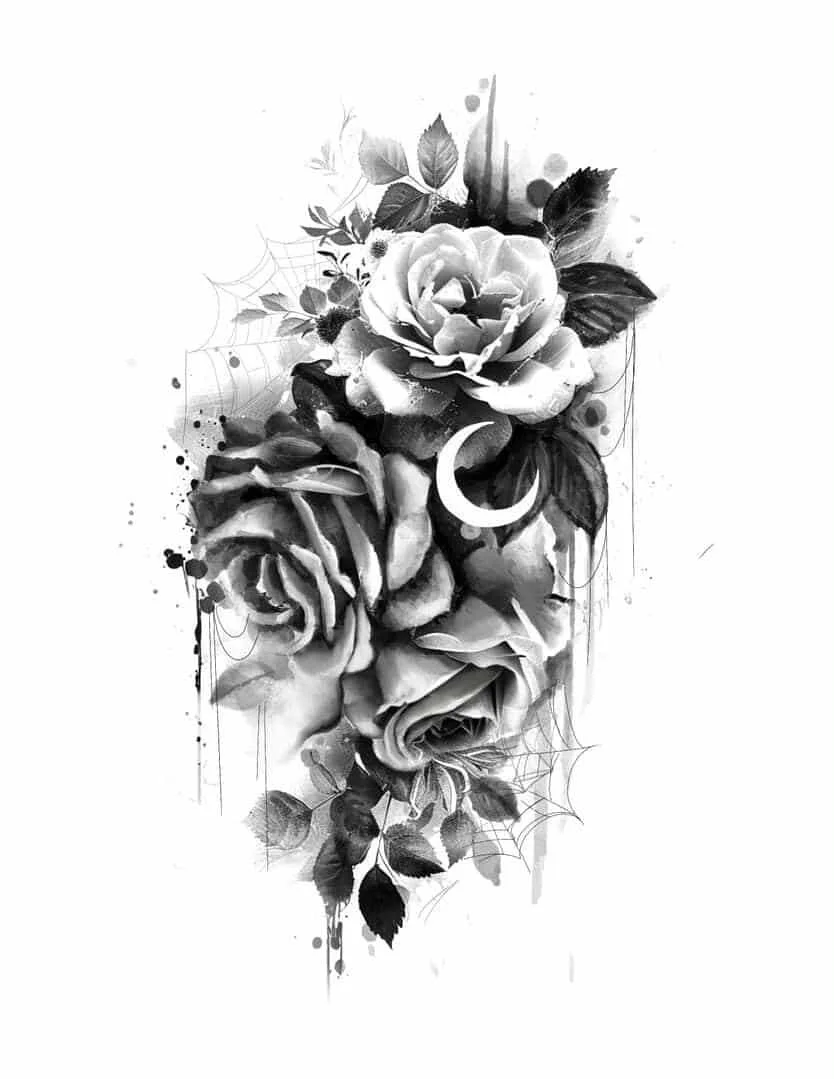 Black and white digital illustration of roses, leaves, spider webs, and a crescent moon.