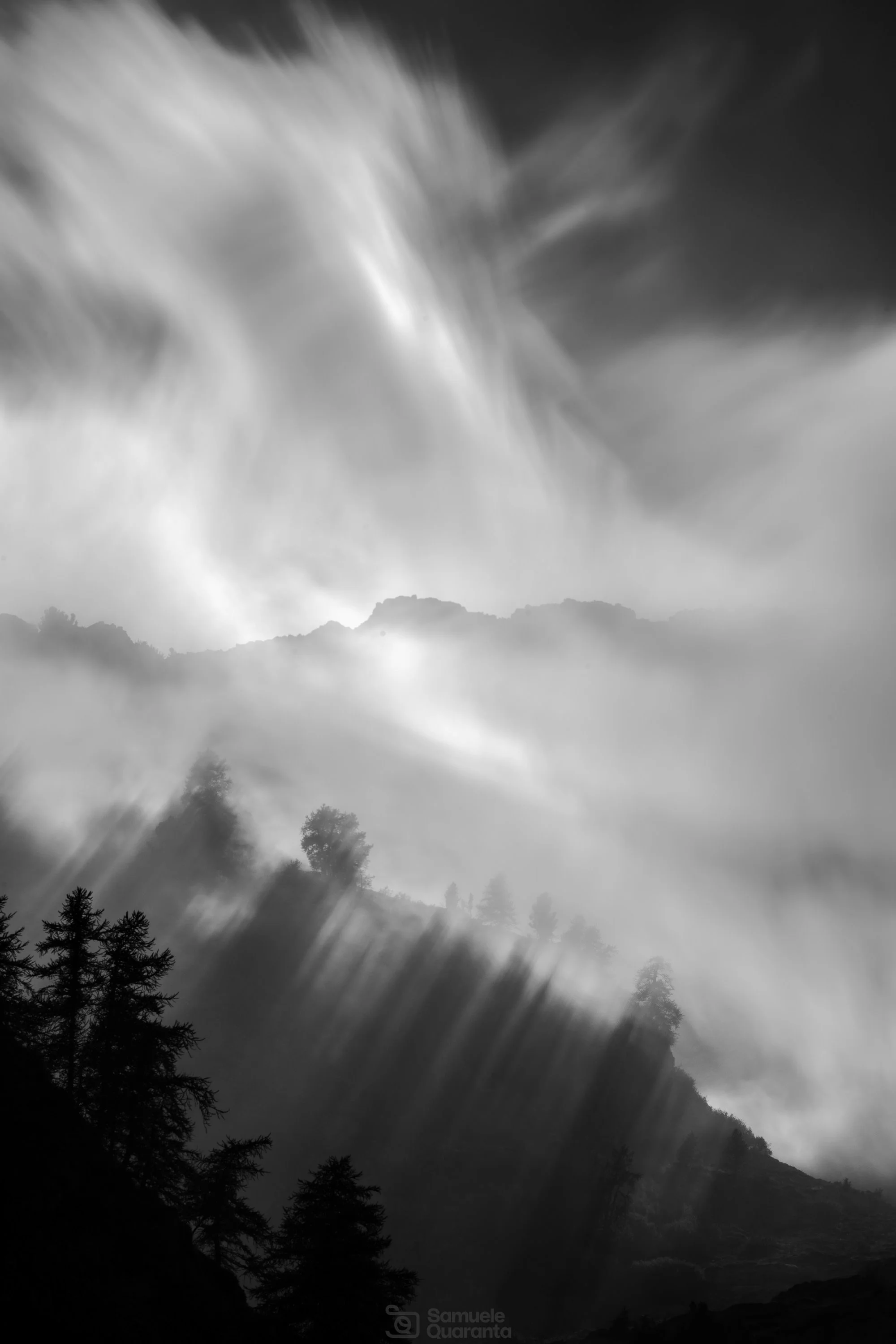 Black and White long exposure mountain scene with long shadows on trees - Samuele Quaranta 