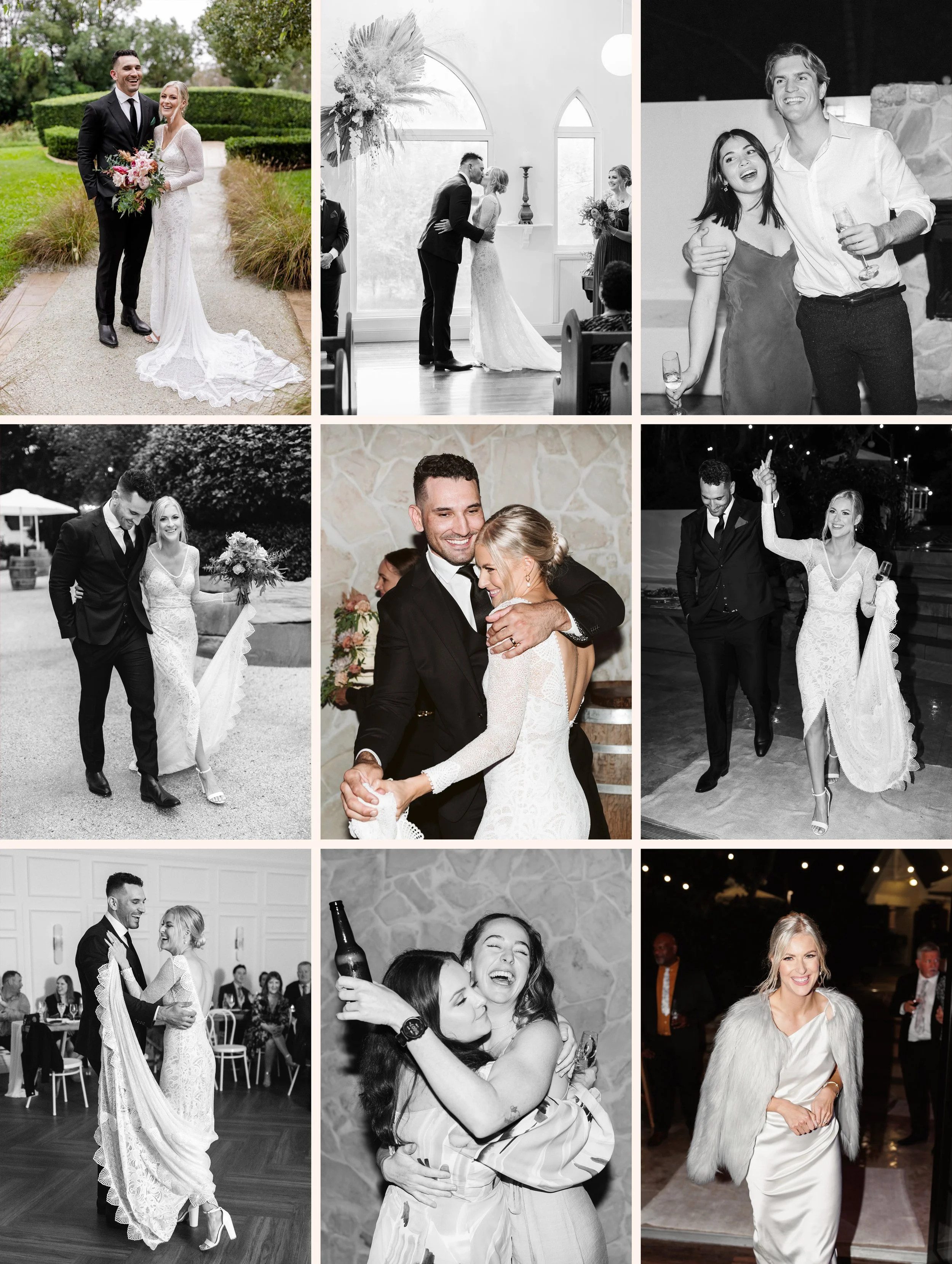 Collage of wedding photos featuring a bride and groom in various poses, dancing, and celebrating with guests, some images in black and white.