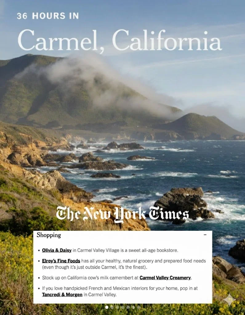 Scenic view of the rugged California coastline with green hills, rocky shores, and ocean waves under a partly cloudy sky.