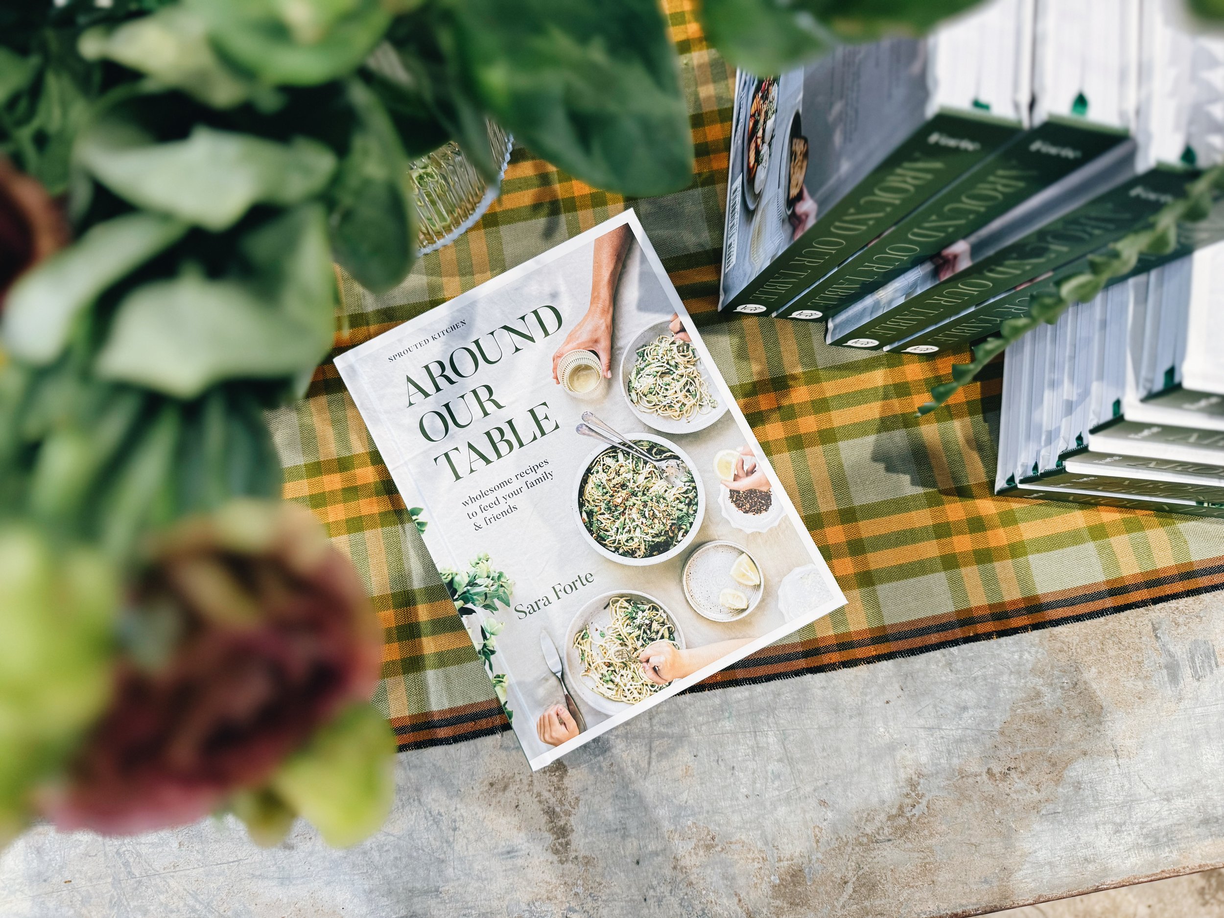 A cookbook titled 'Around Our Table' lies on a checkered tablecloth, surrounded by books, with some green plants in the foreground.