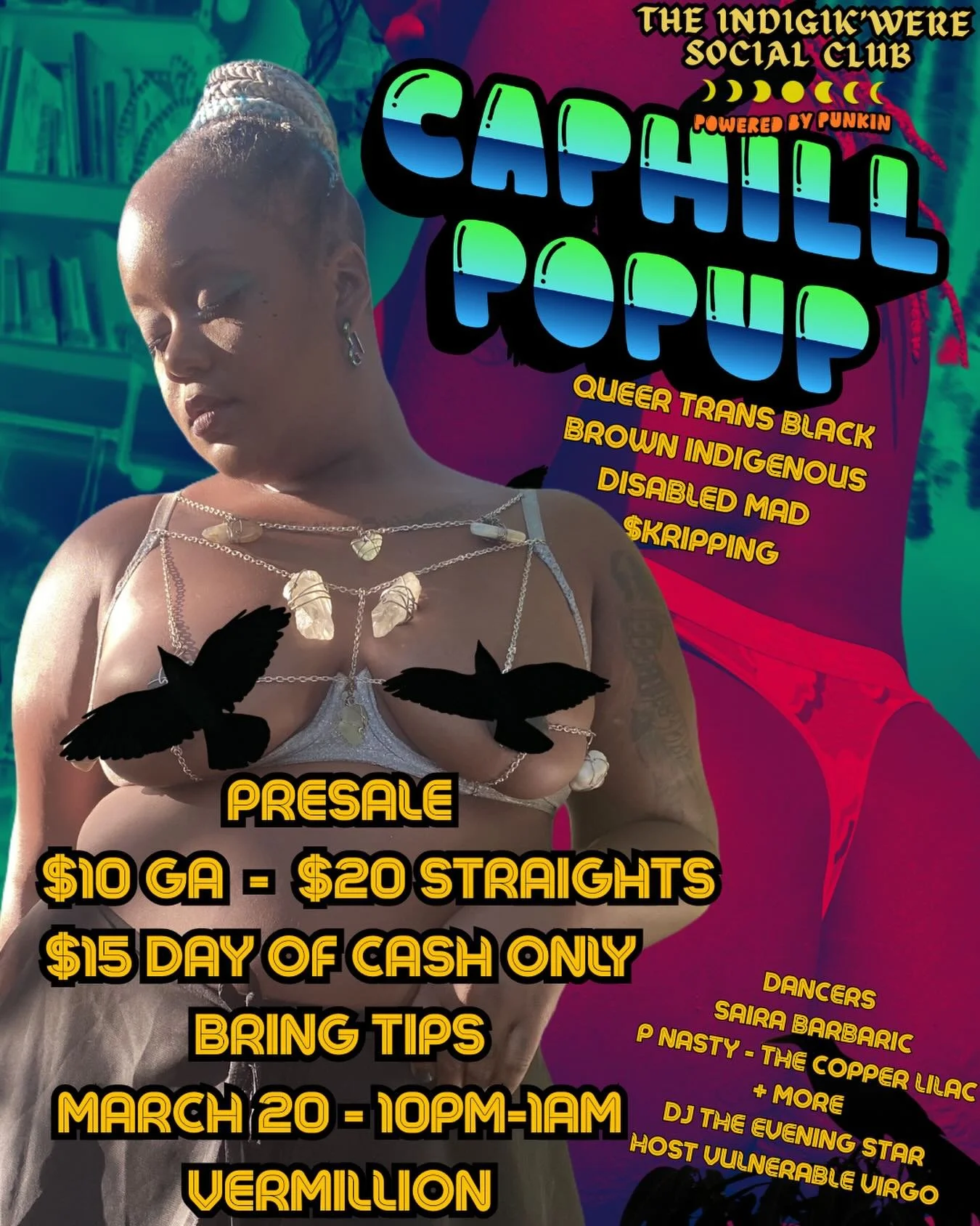 The popup all qtbipoc $trip club of ur dreams is back! @vermillionseattle Get ur ticket in advance by Venmo: scumtrust otherwise it&rsquo;s CASH AT THE DOOR: $15 GA $25 straights $30 colonizers 
Cum n get ur private moment with the dancers, or $hower