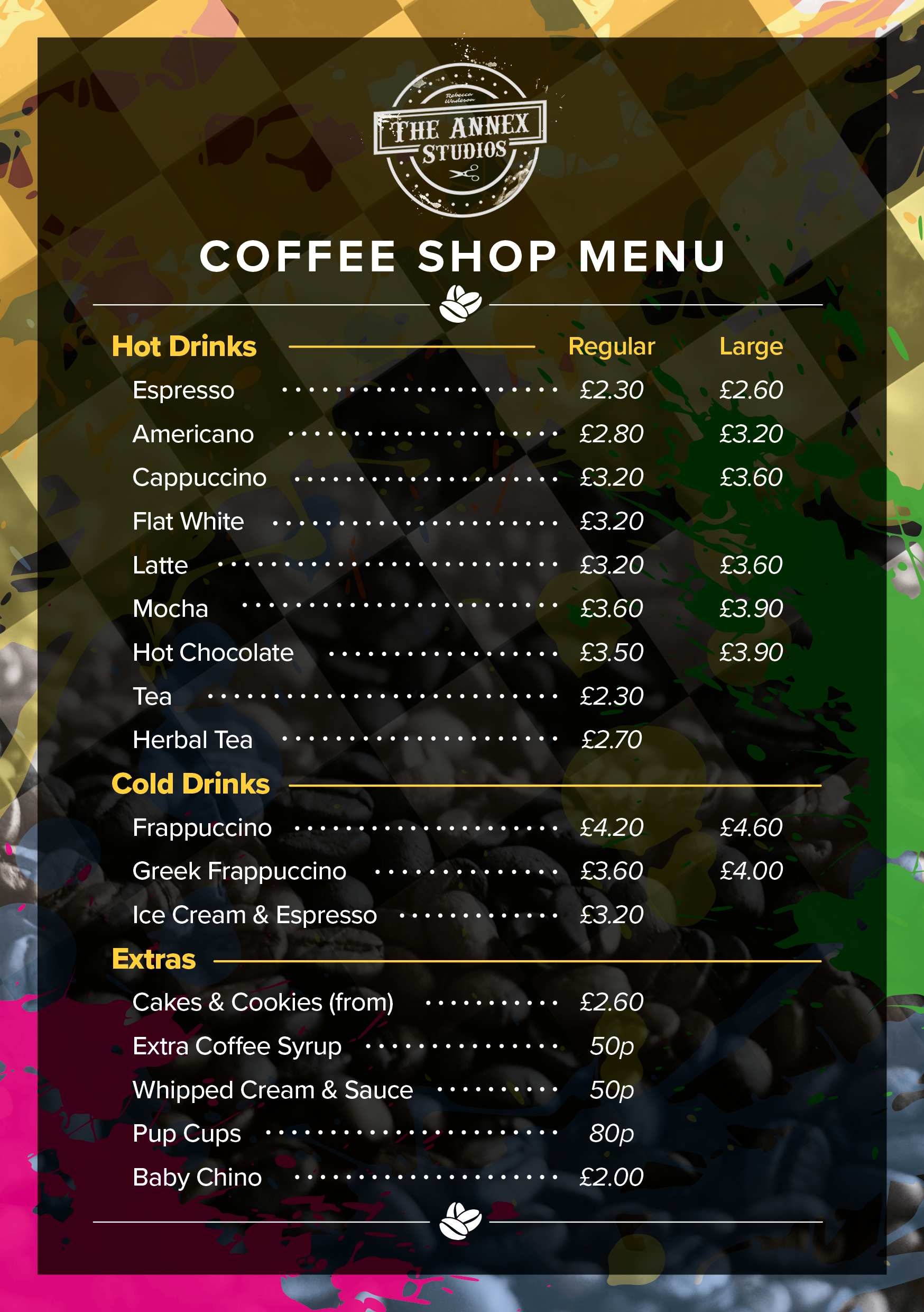 Coffee shop menu with hot drinks, cold drinks, and extras listed with prices, featuring a colorful abstract background and a white logo at the top.