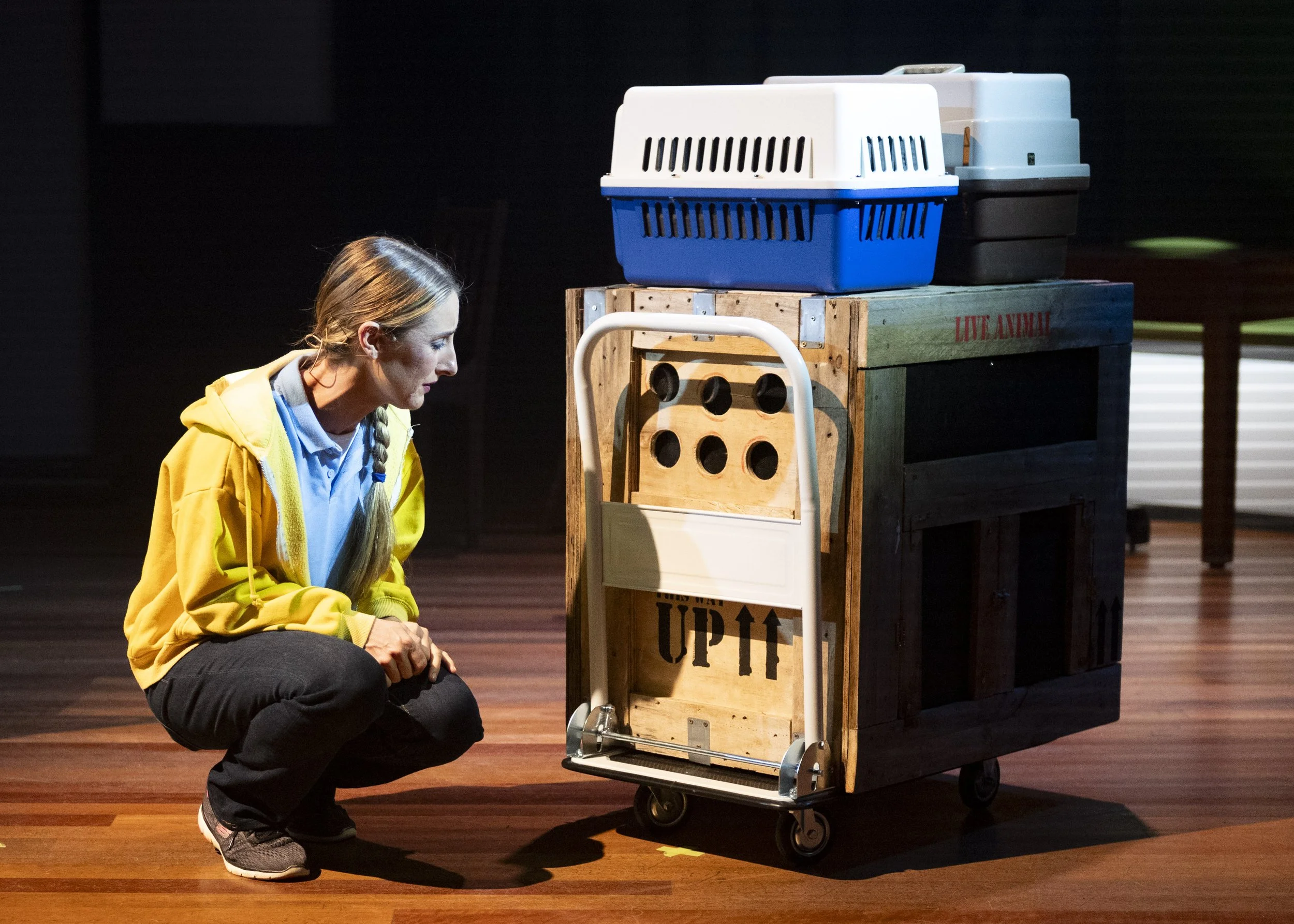 A woman in a yellow jacket squats near a wooden cart with pet transportation crates on top.