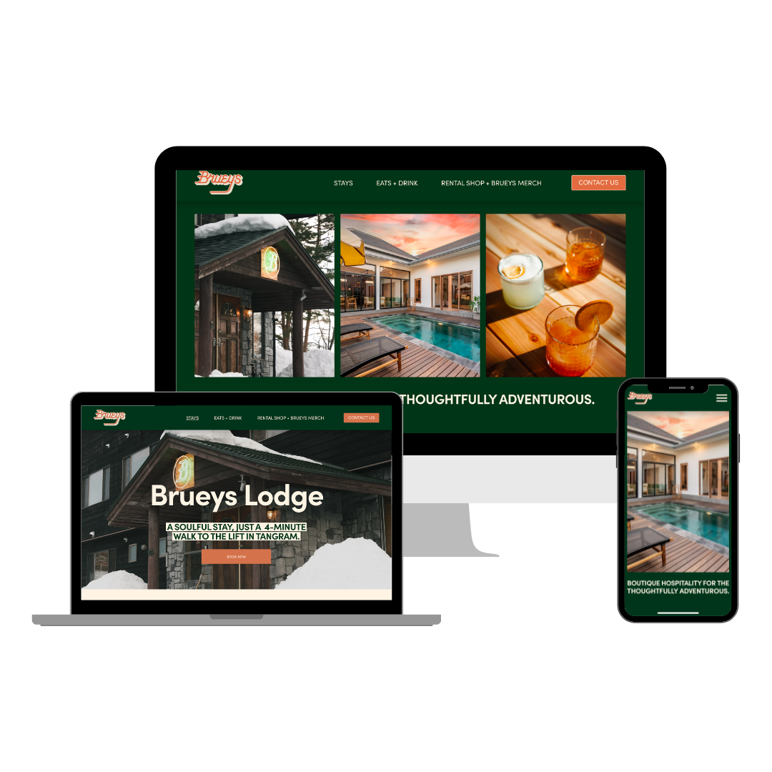 Website Design for The Brueys - Boutique Hospitality Brand - creating Ski and Surf experiences in Japan and Bali, Restaurants and Bars in Japan, Ski and Snowboard rental service in Japan, Offering Yoga Retreats in Japan & selling Brand Merchandise.