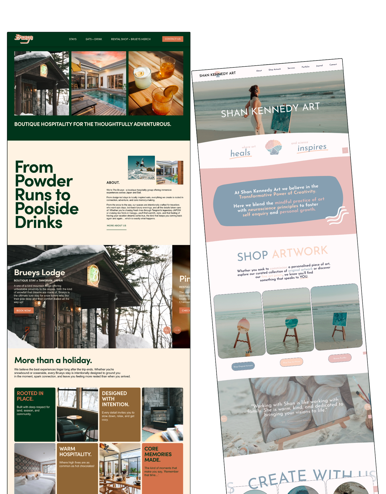 Screenshots of two websites, one for Brueys Lodge in Japan featuring accommodations and pool, and the other for Shan Kennedy Art showcasing artwork and sculptures by the beach.