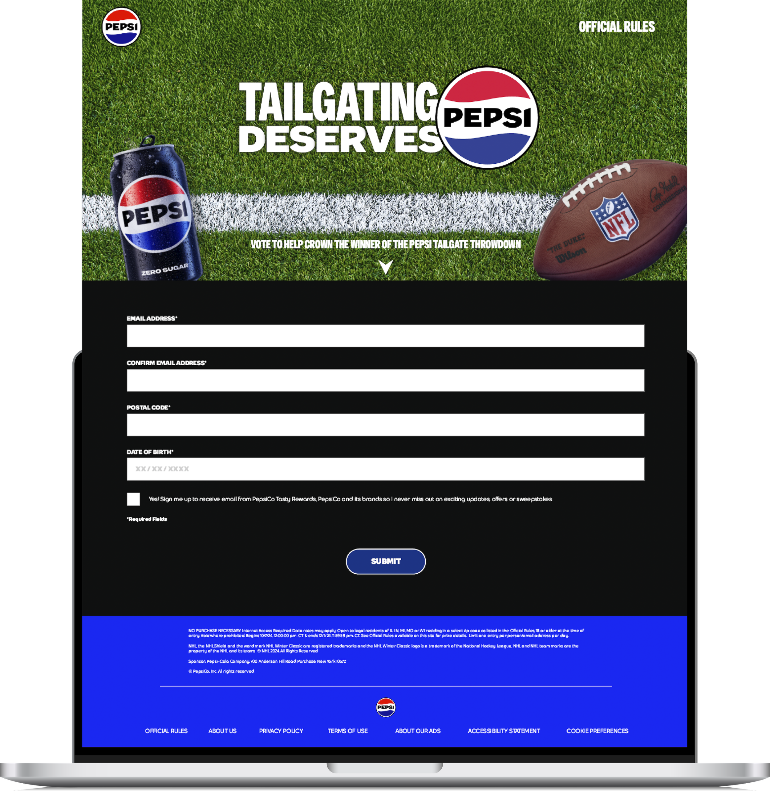Pepsi Tailgate Throwdown Sweepstakes for Commanders and Dolphins on-site activation