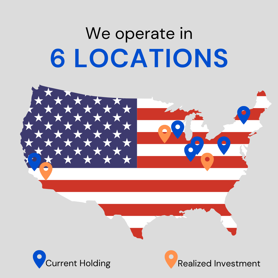 Map of the United States with six location markers, four blue indicating current holdings and two orange indicating realized investments, overlaid with the American flag design.