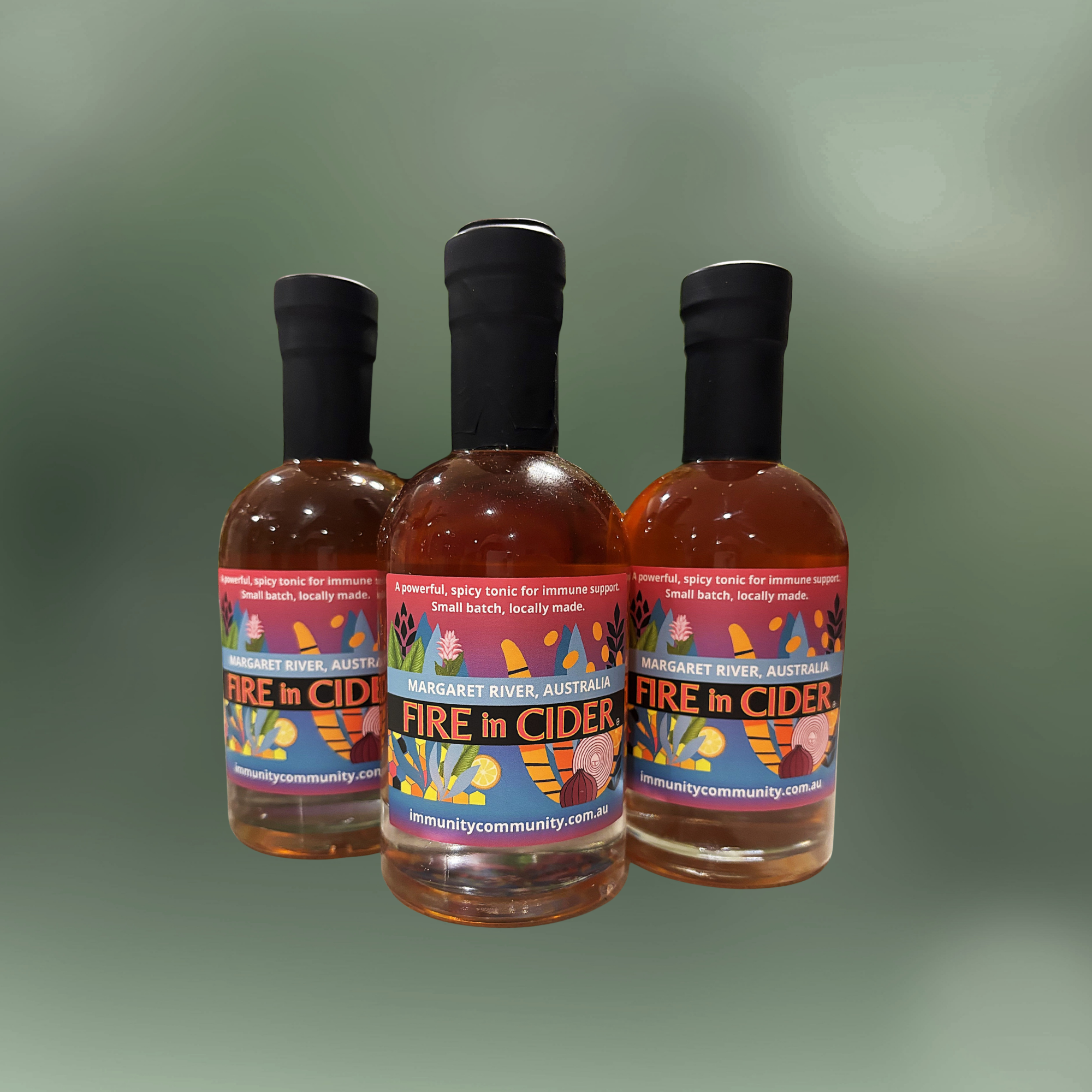 Fire in Cider tonic label design by Wingspan Studio for Immunity Community in Margaret River, Western Australia.