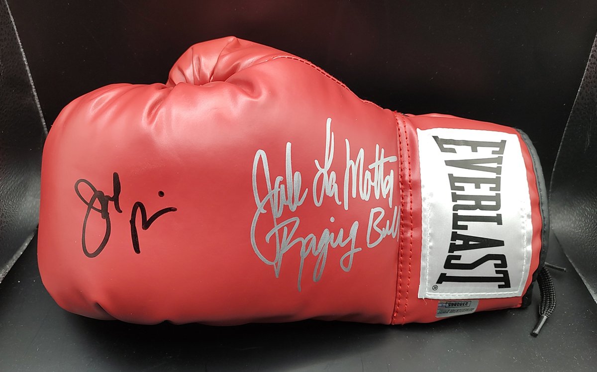 Joe Pesci and Jake LaMotta Dual Autographs Signed Boxing Glove Inscribed Raging Bull COA
