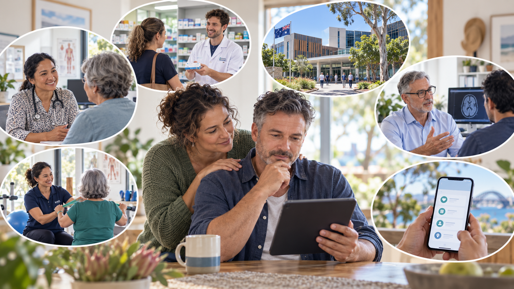 Person and family member navigating different parts of the Australian healthcare system, including general practice, pharmacy, hospital, specialist and allied health care.